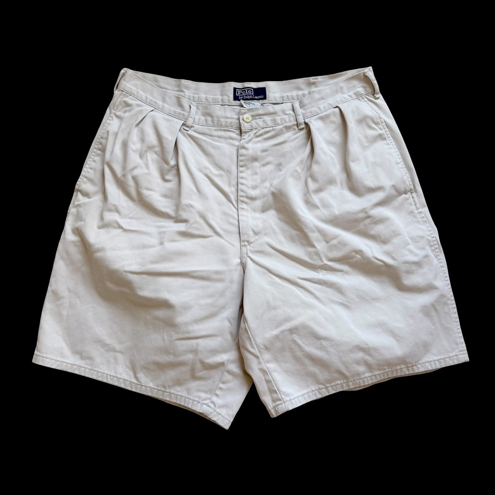 90's Polo Ralph Lauren Andrew Shorts Sz 36 Tan Khaki Pleated Chino 9 Inseam